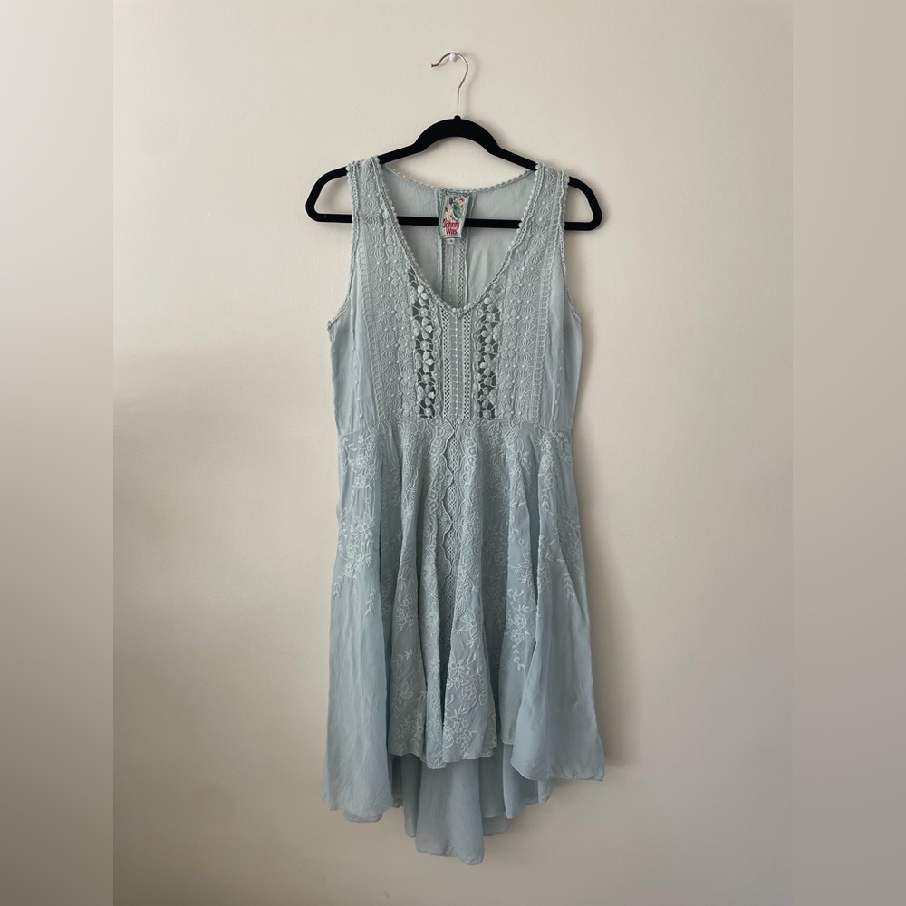 Johnny Was Light Blue Embroidered Mini Dress